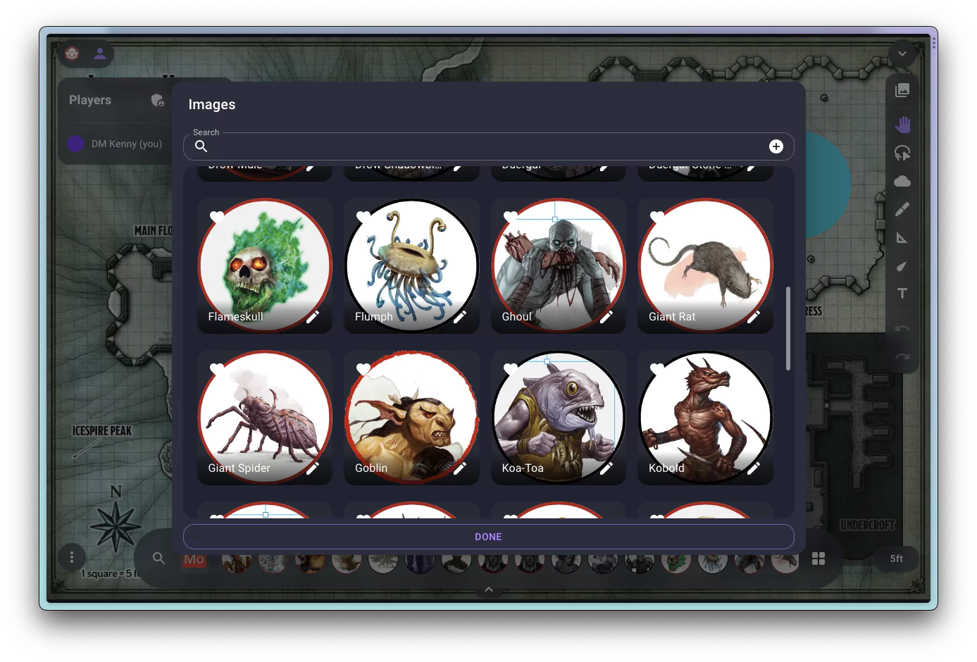 Screenshot of Owlbear Rodeo with a library of monster tokens